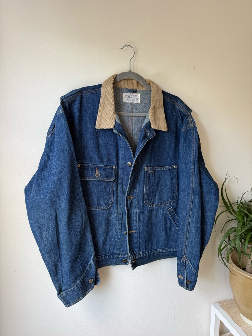 Polo Ralph Lauren Made in USA darted Blue Denim Jacket with Tan Corduroy Collar